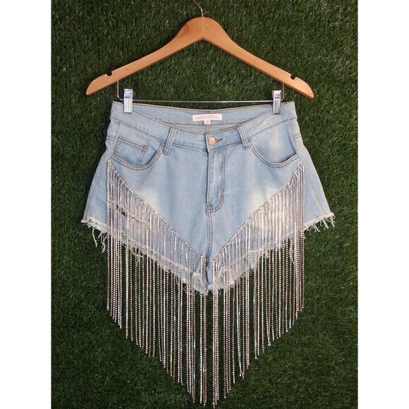 Hot & Delicious Pants - Hot & Delicious Rhinestone Fringe Denim Shorts Icy GRL Light Wash Medium...